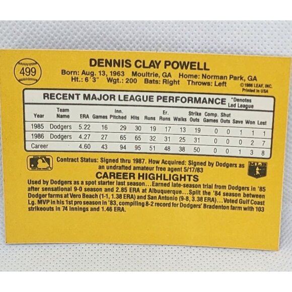 Donruss 87 Dodgers Dennis Powell #499 Vintage 1987 Leaf Baseball Card - Picture 2 of 3